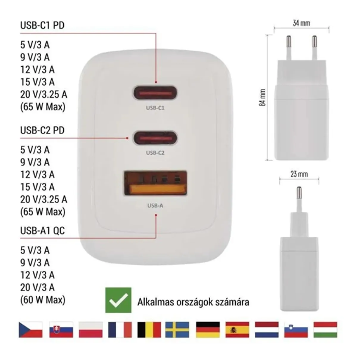 Emos V05G65 GaN PD 65 W 3 USB kimenet USB-A USB-C fehér 100-240 V #4