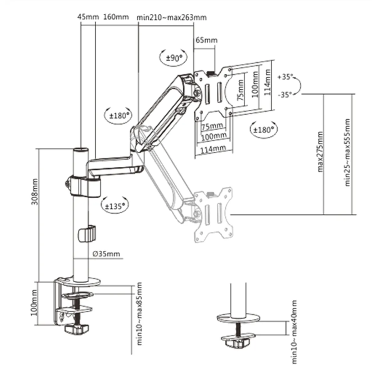 GEMBIRD MA-DA1P-01 állítható asztali monitor tartó kar 17"-32" 9 kg gázrugós, VESA 75x75 100x100 fekete #2