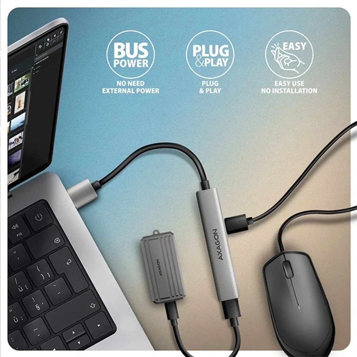 AXAGON HUE-STA Alu strip USB-A 4 port hub 12 cm kábel USB-C és USB-A szürke táp nélküli #4