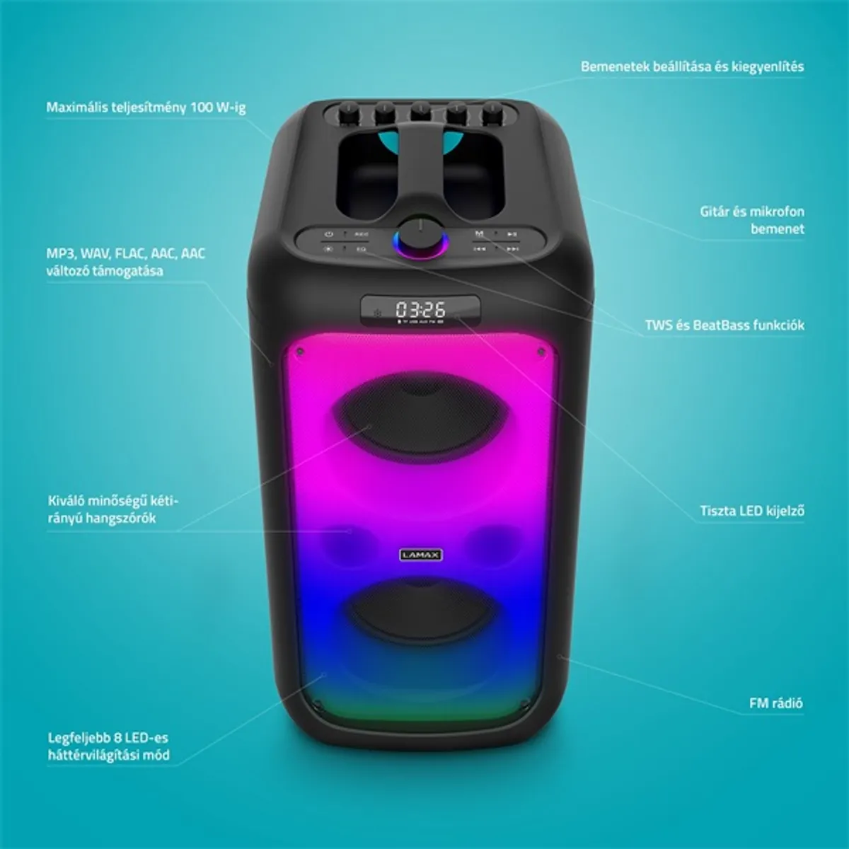 LAMAX LXPSMPK1PSNBA PartyKing1 Plus 100W bluetooth hangszóró 2x hangszóró modulok led party fény vezeték nélküli mikrofon aux bemenet #5