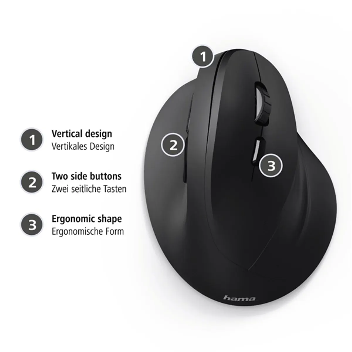 HAMA 00182698 Vertical Ergonomic EMC-500 fekete USB optikai egér 6 gomb DPI kapcsoló 1000 1400 1800 dpi 180 cm #3