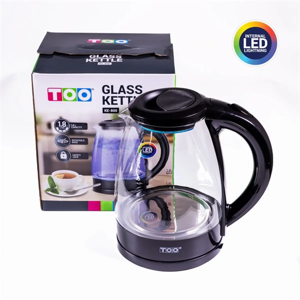 TOO KE-800 1,8 L üveg vízforraló vezeték nélküli, 1800 W, 360 fokos forgó talp, rejtett fűtőszál, vízszintjelző, vízkőszűrő, automatikus kikapcsolás #2