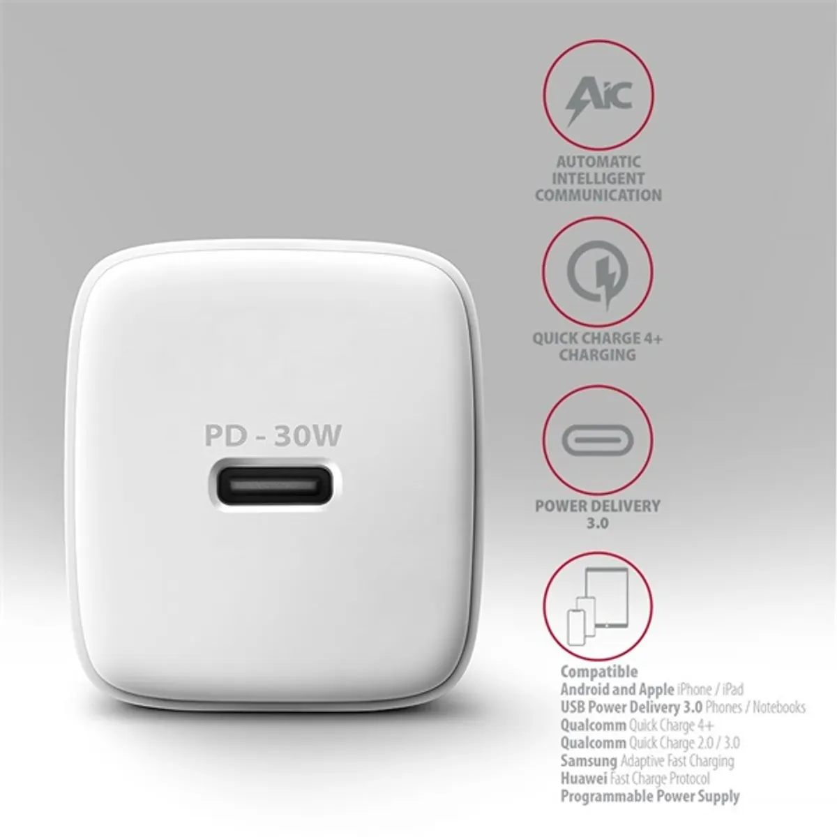 AXAGON ACU-PD30W PD3.0 és QC4 USB-C 30W Fehér #4
