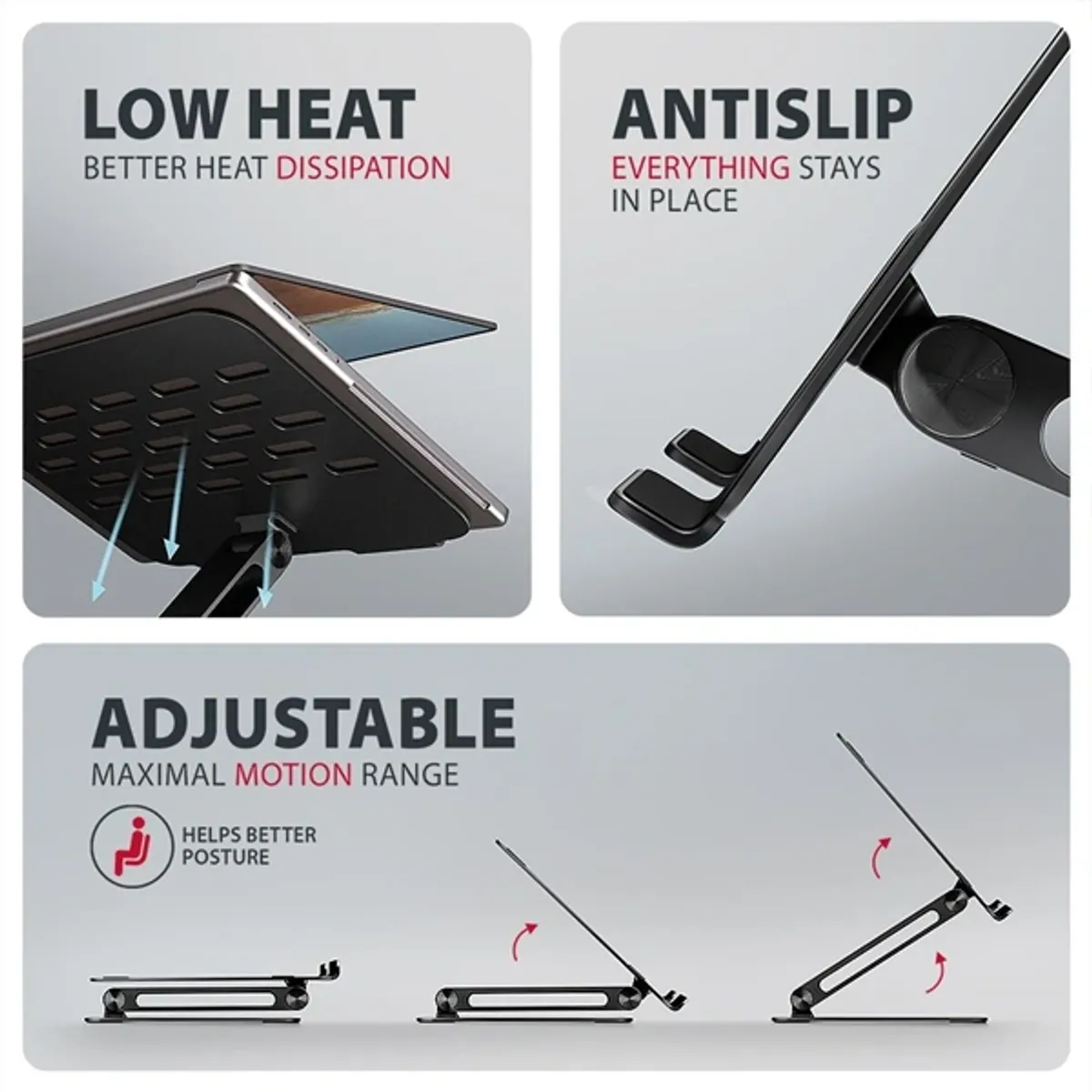 AXAGON STND-LQB állvány 10" - 17.3" laptop és táblagép, csúszásmentes alumínium, 205 mm magasság, dőlésszög 0-180 fok, összecsukható, fekete #3