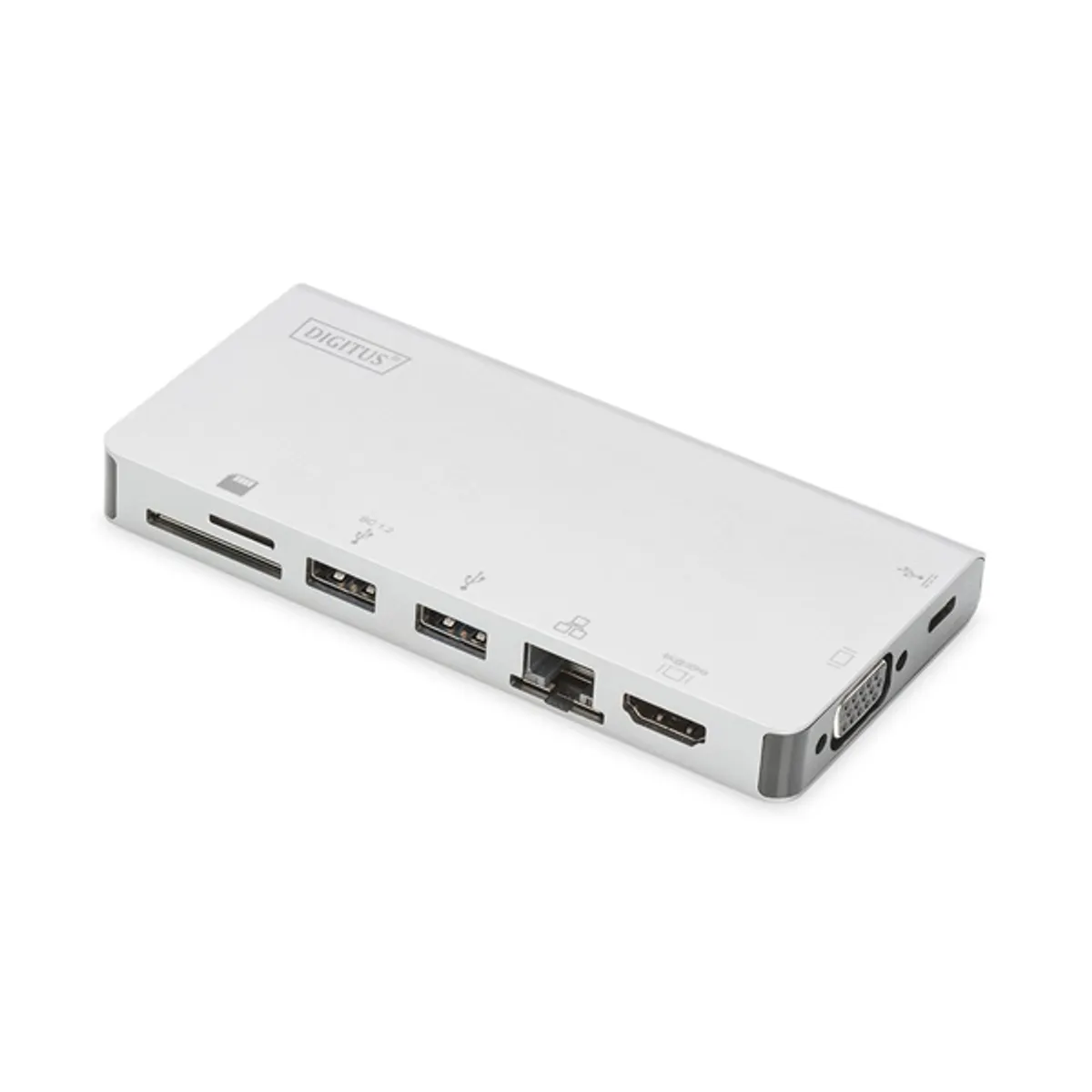 Digitus DA-70866 USB-C többportos utazó dokkoló 8-portos 4K HDMI VGA RJ45 2x USB-C 2x USB 3.0 MicroSD SD MMC ezüst #1