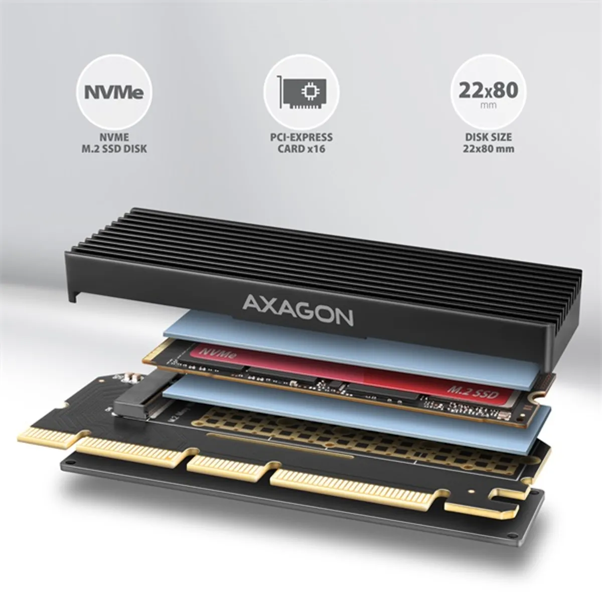 AXAGON PCEM2-XS PCIe NVMe M.2 adapter M-key NGFF 75 tűs 2230 2242 2260 2280 PCIe verziók 5.0 4.0 3.0 2.1 2.0 1.1 Plug and Play alumínium hűtőbordával #2