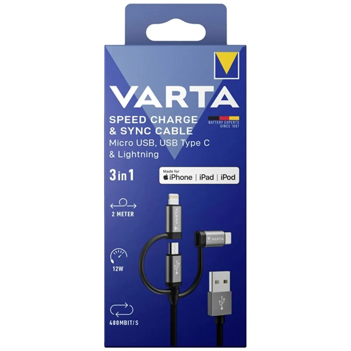 VARTA 57937101111 3in1 USB-A adat- és töltőkábel 2 m Lightning, Micro USB B, USB-C #3