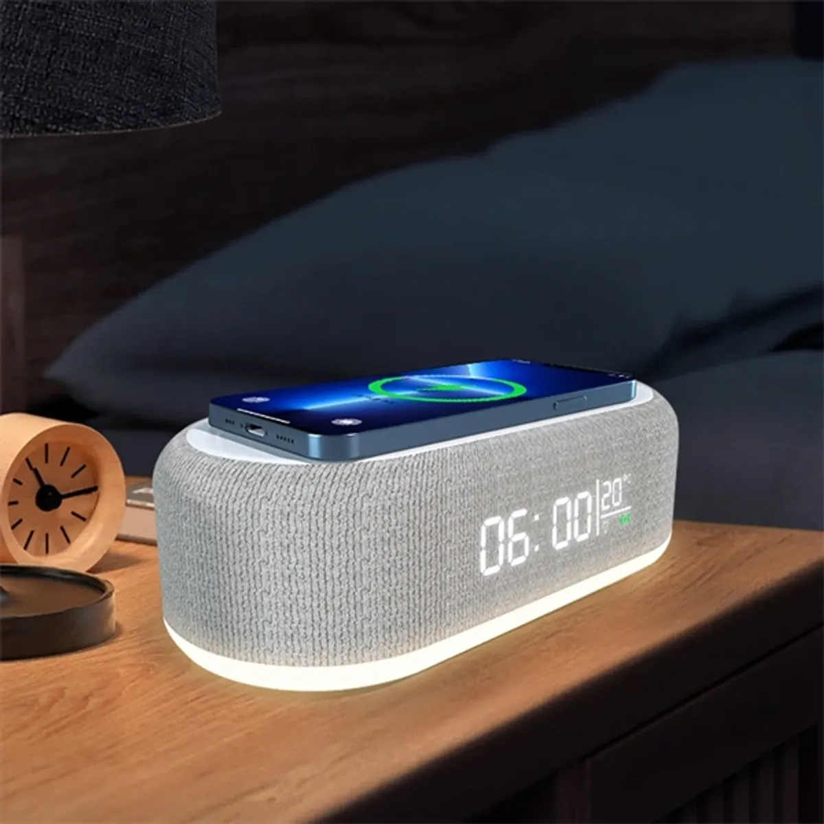 IRIS DC-120-W-Q ébresztőóra és töltő 15W Qi töltő Bluetooth hangszóró idő és hőmérséklet kijelzés éjjeli fény 3 fokozatú #1