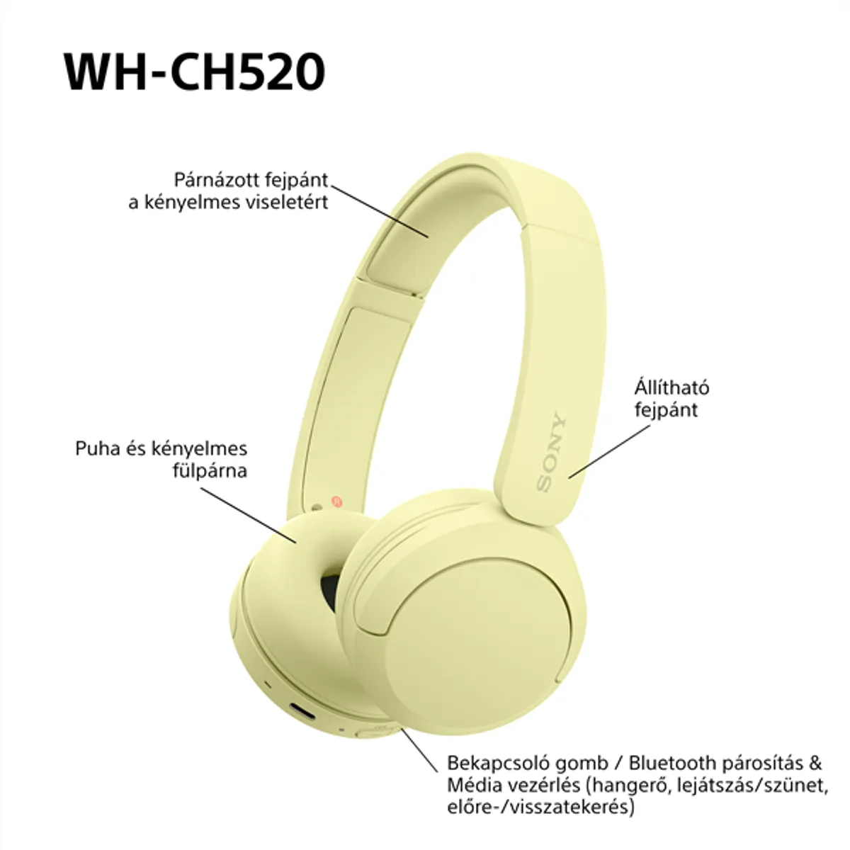 Sony WHCH520Y.CE7 WHCH520 Bluetooth fejhallgató sárga 30 mm hangszóró 50 óra üzemidő #8