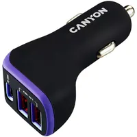 Canyon CNE-CCA08PU autós töltő 3-portos, 2x USB-A, 1x USB-C PD 18W, bemenet 12-24V, fekete-lila