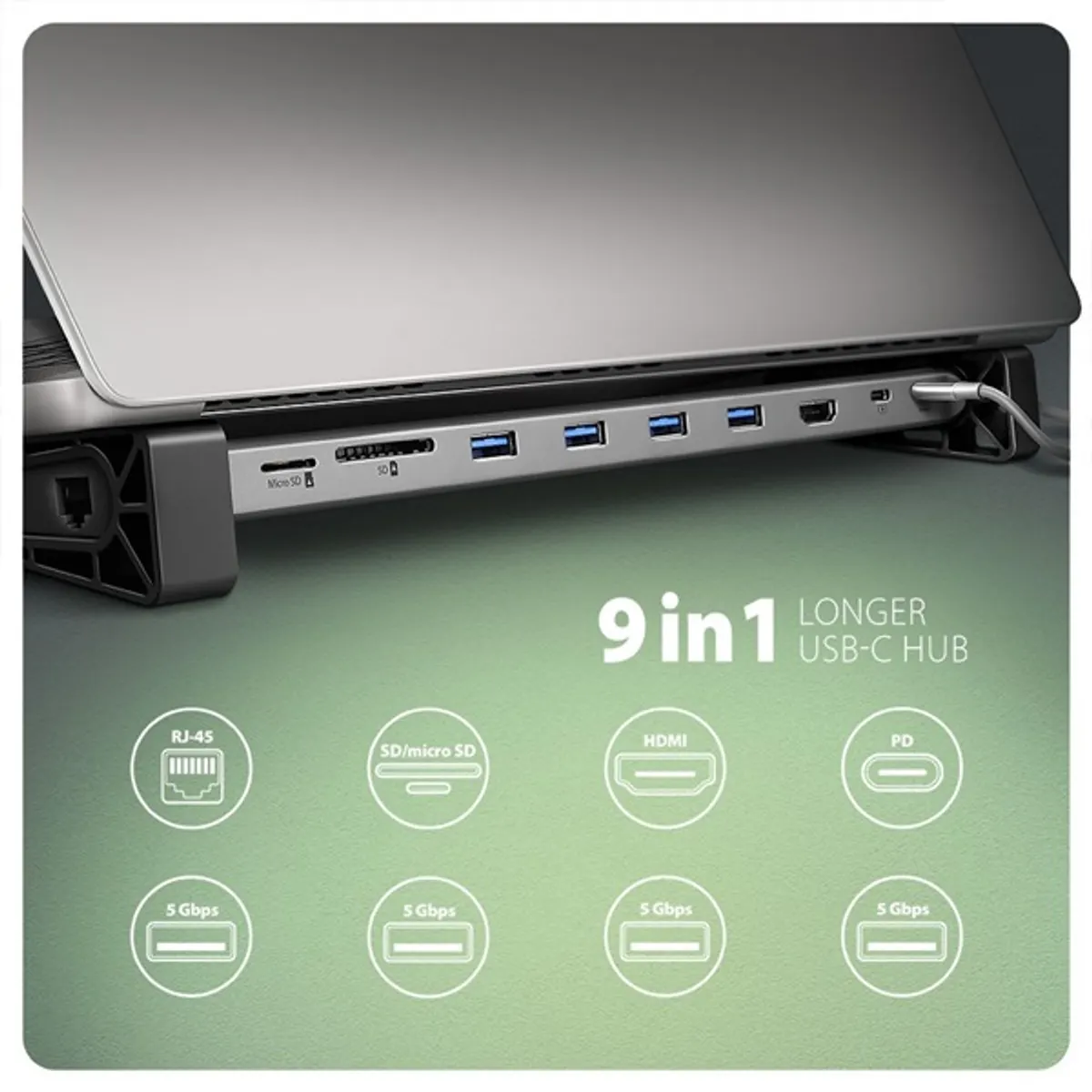 AXAGON HMC-10HLS LONGER 9in1 dokkoló USB-C HDMI LAN SD MicroSD 6 USB 25 cm #2