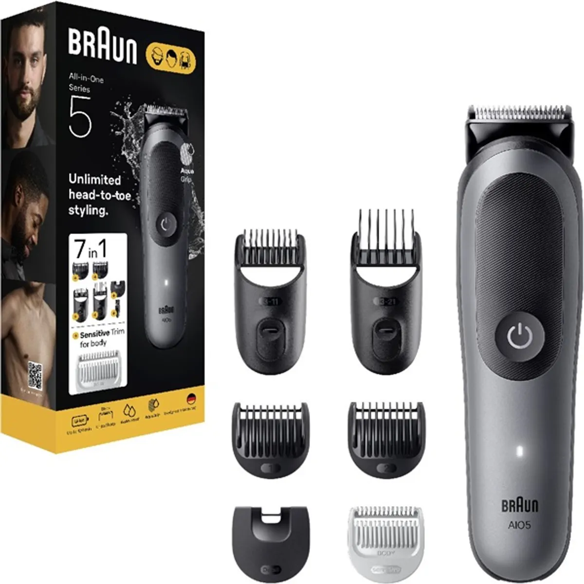 Braun 10AS490184 AIO 5520 multifunkciós testszőrnyíró AquaGrip vízálló 14 hosszbeállítás 120 perc üzemidő #1