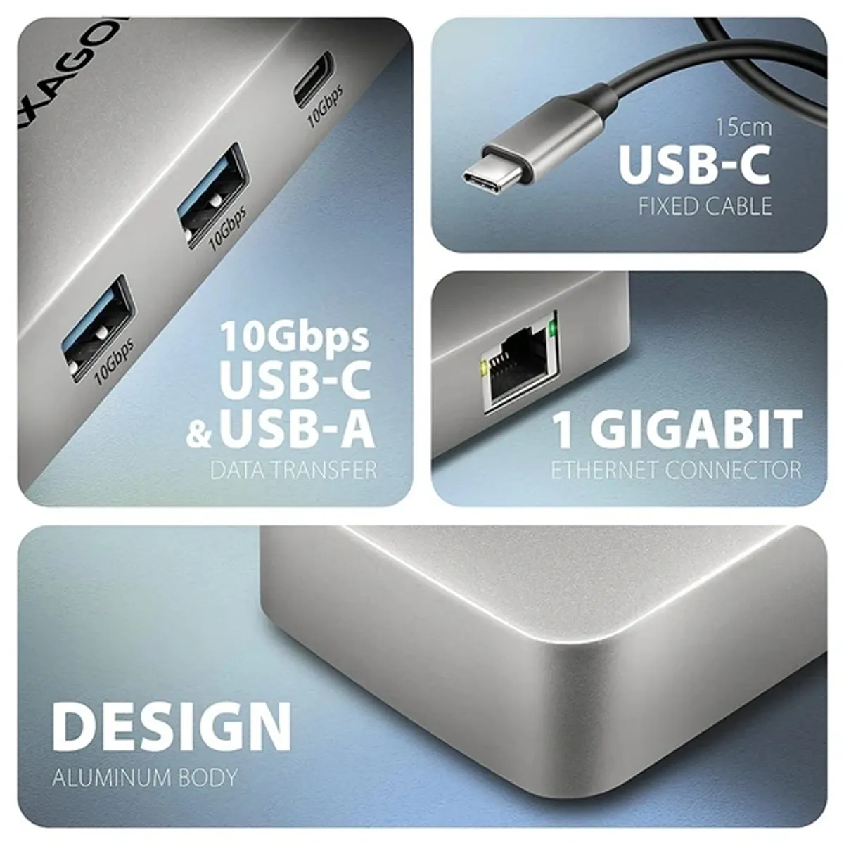 Axagon HMC-CUB83X2 USB-C hub 7in1 10Gbps USB-C USB-A HDMI DisplayPort RJ-45 15 cm kábel #3