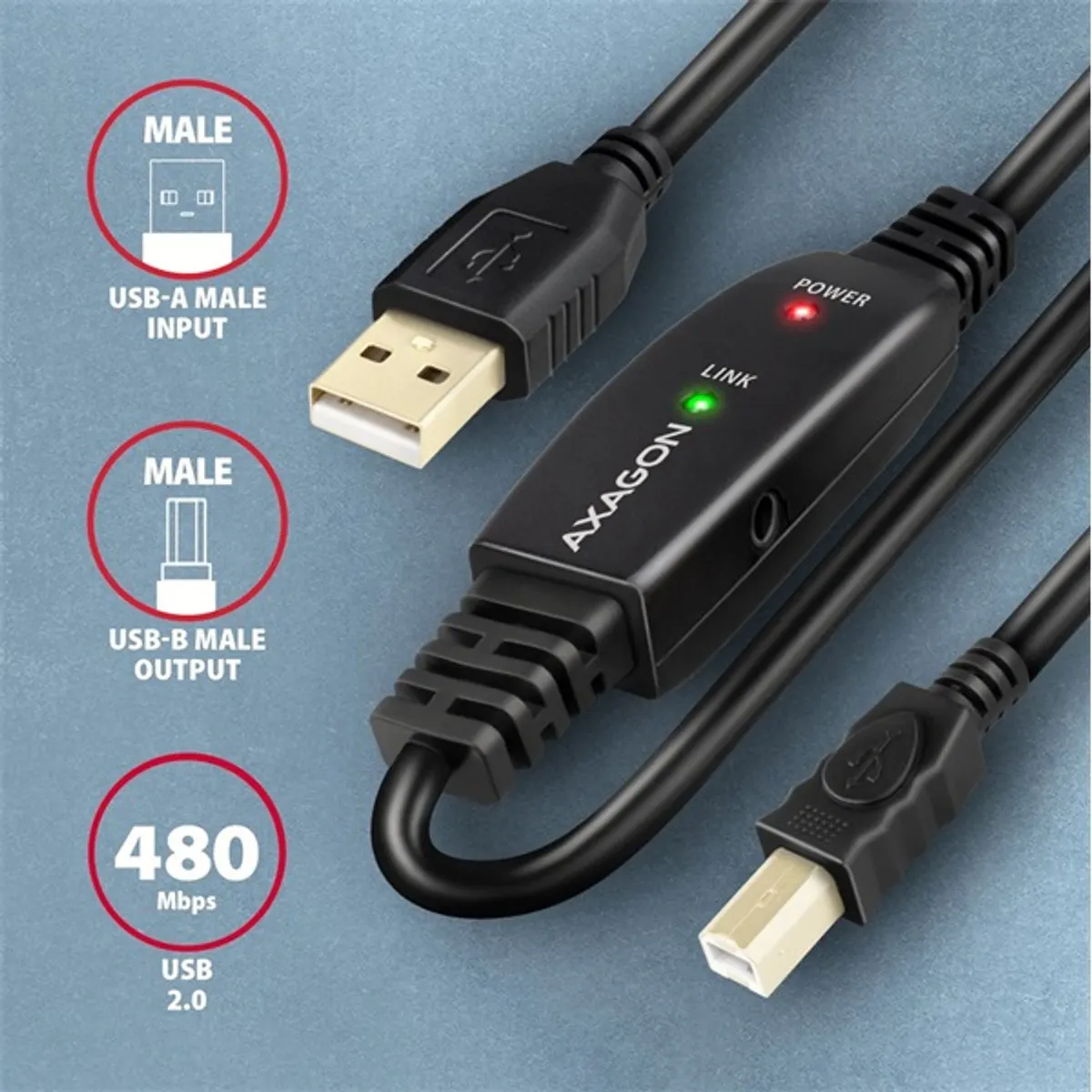 Axagon ADR-220B aktív USB hosszabbító kábel 20 m fekete USB A USB B #2