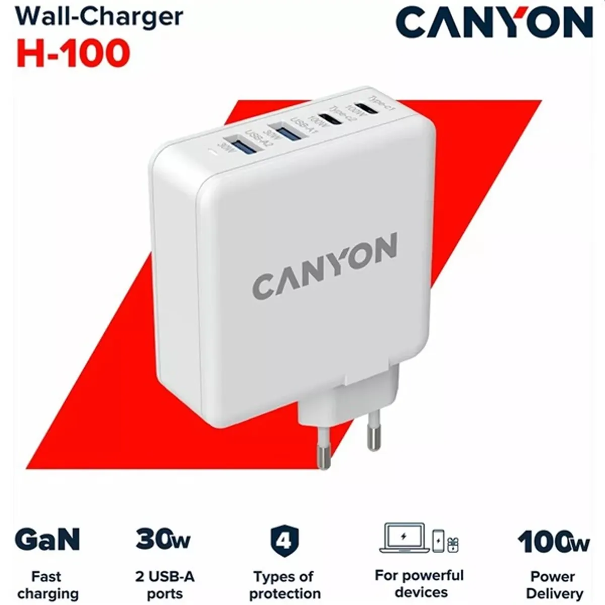 Canyon CND-CHA100W01 GaN PD 100W 4-port töltő fehér 2x USB-C 100W 2x USB-A 30W #4