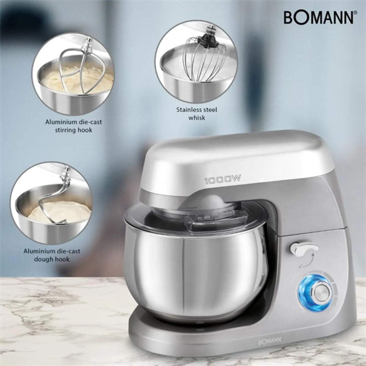 BOMANN KM 6009 CB TITAN Konyhai robotgép 1000 W 5 L Titán Rozsdamentes acél edény Bolygó rendszerű forgás Dagasztó Habverő Csúszásgátló lábak #2