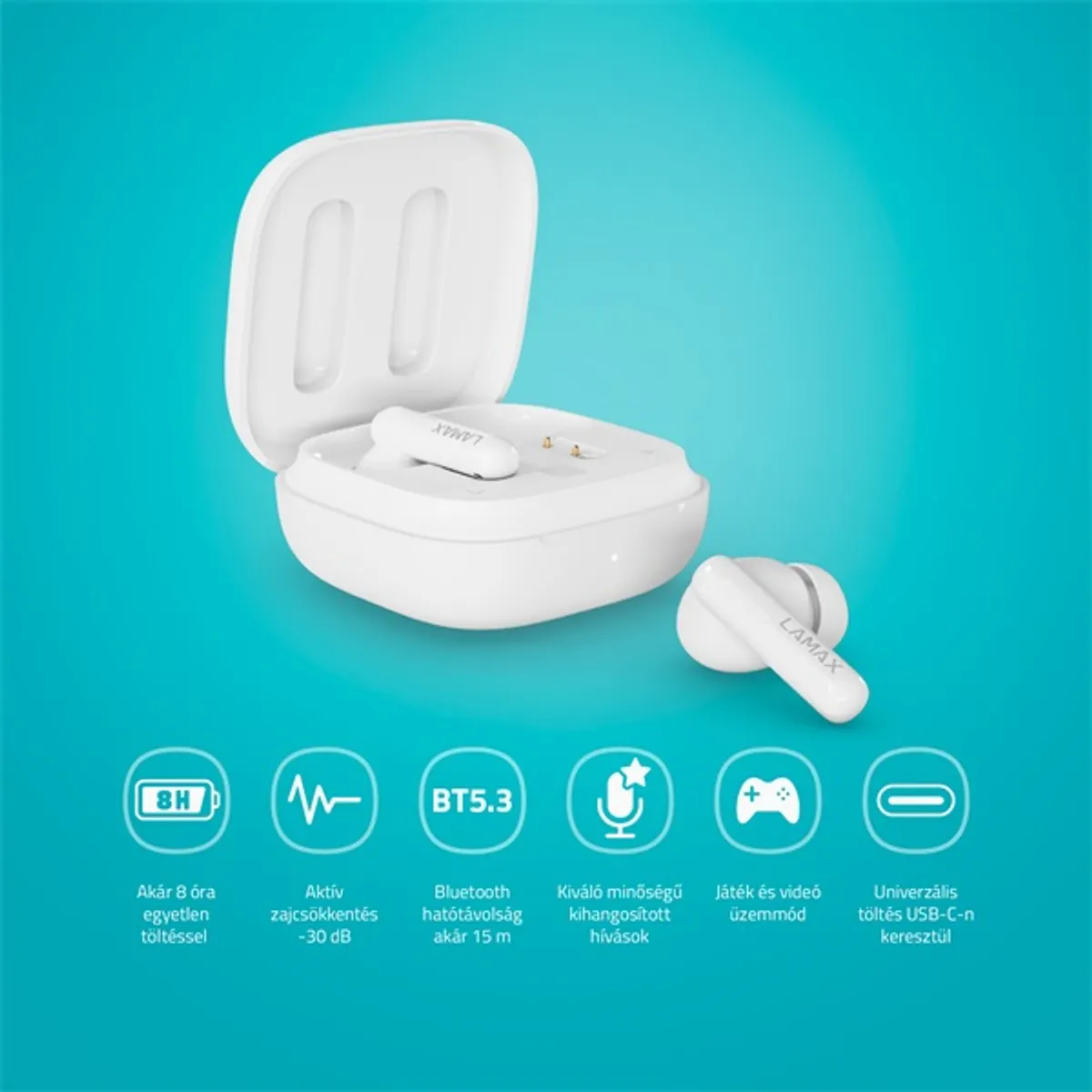 LAMAX LXIHMCPS1PSWA Clips1 Plus Aktív zajszűrés pass-through Bluetooth 5.3 20-20000 Hz USB-C 8 óra töltőtokkal 42 óra fehér #8