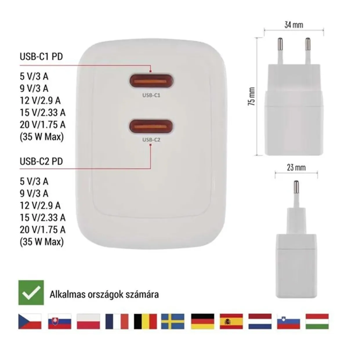 EMOS V03G35 GaN PD 35 W univerzális USB töltő 2 USB-C Fehér #4