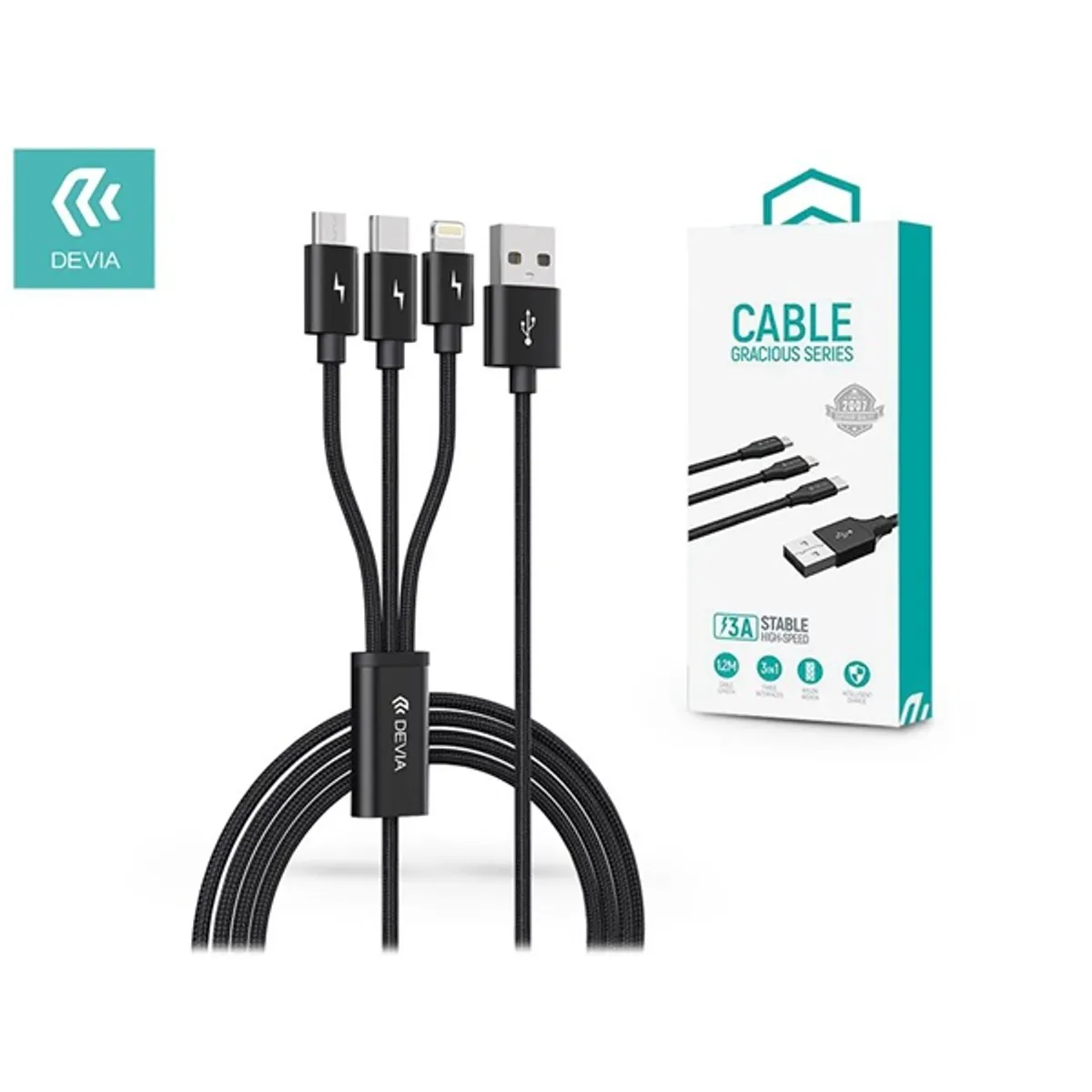 Devia ST337086 Gracious 3in1 adat- és töltőkábel Nylon Fekete 1,2 m USB-C Micro USB Lightning #1
