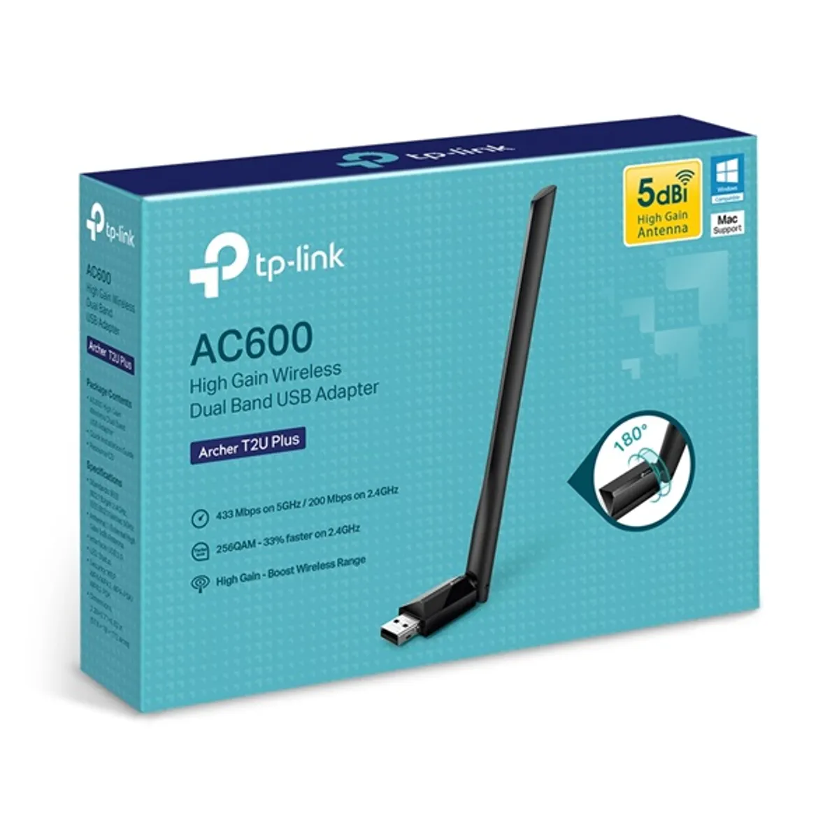 TP-LINK ARCHER T2U PLUS AC600 kétsávos vezeték nélküli USB adapter 2,4 GHz 5 GHz 600 Mbps USB 2.0 5 dBi antenna WPA WPA2 802.11a b g n ac #3