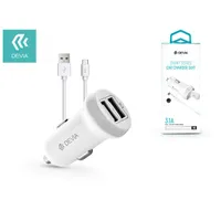 Devia ST331190 Smart dual USB autós töltő 12-24V bemenet, 2x USB A, 5V 3,1A, USB-C kábel, fehér