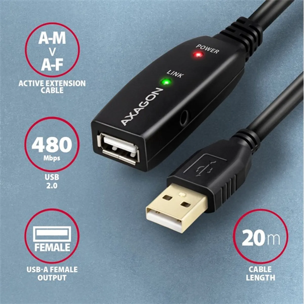 AXAGON ADR-220 aktív USB hosszabbító kábel 20 m fekete #2
