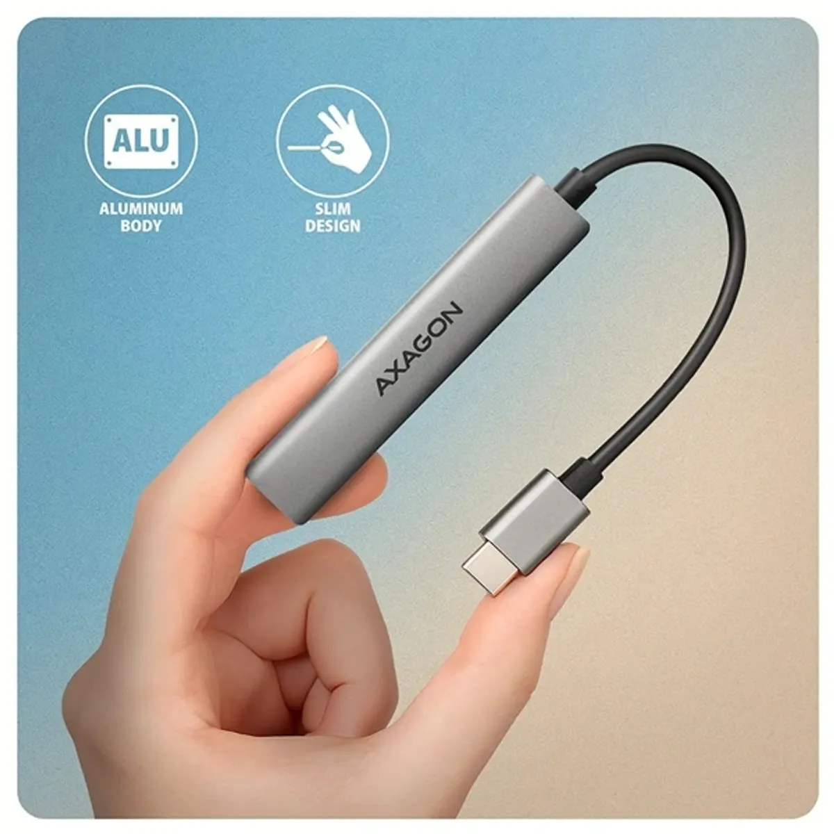 Axagon HUE-STC Alu Strip USB-C hub 4 port szürke táp nélküli #5