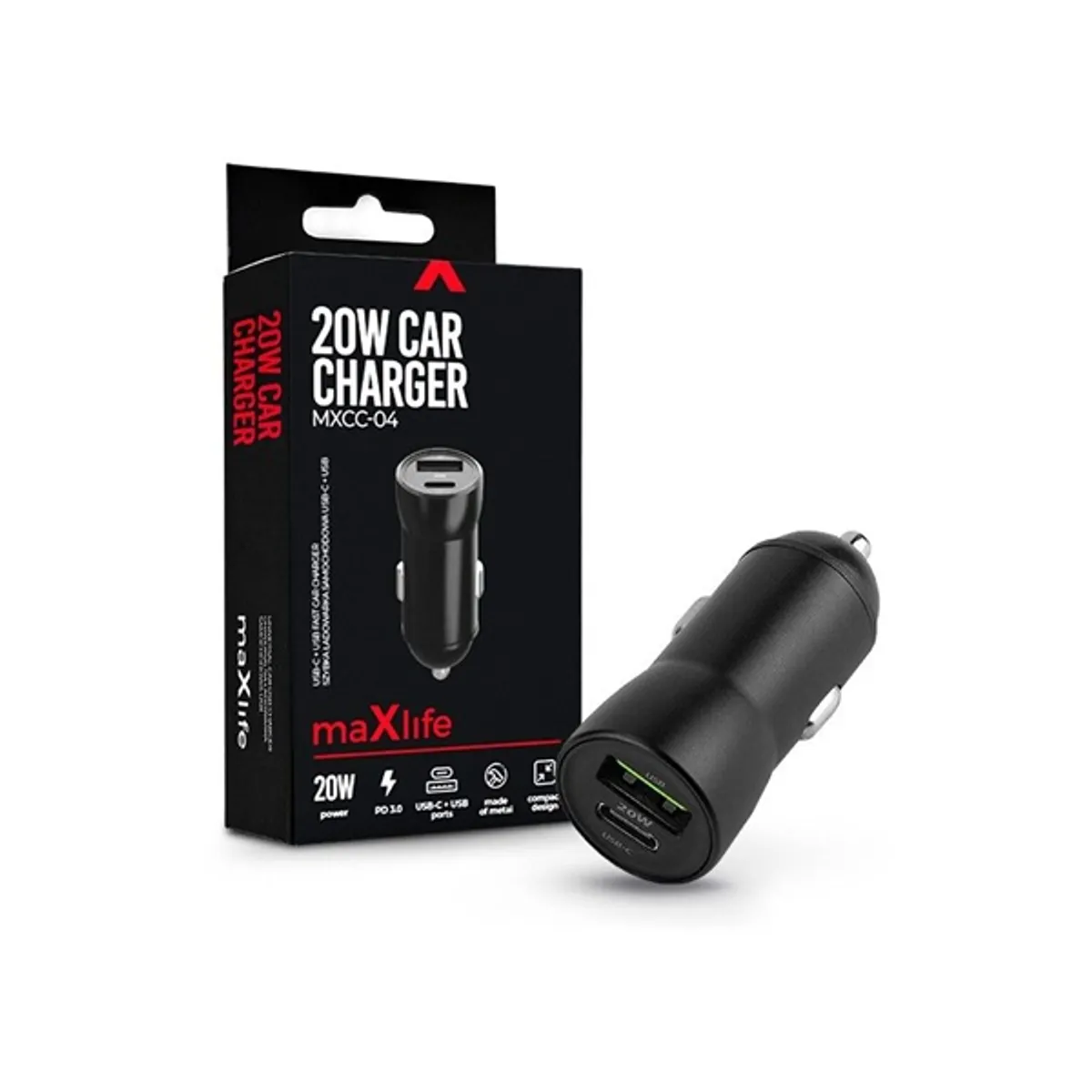 Maxlife TF-0166 USB Type-C és USB autós töltő PD3.0 QC3.0 20W Műanyag fekete univerzális #1