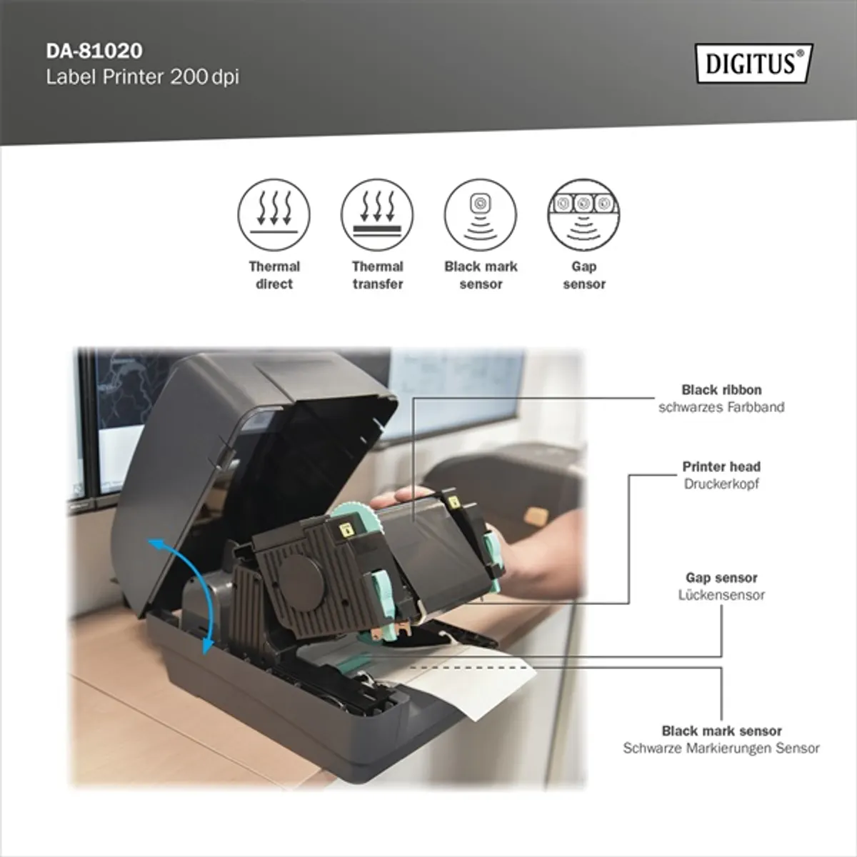 DIGITUS DA-81020 Címkenyomtató 203 dpi USB, RS232, Ethernet hőtranszfer és közvetlen hőnyomtatás 127 mm másodpercenként 108 mm #7
