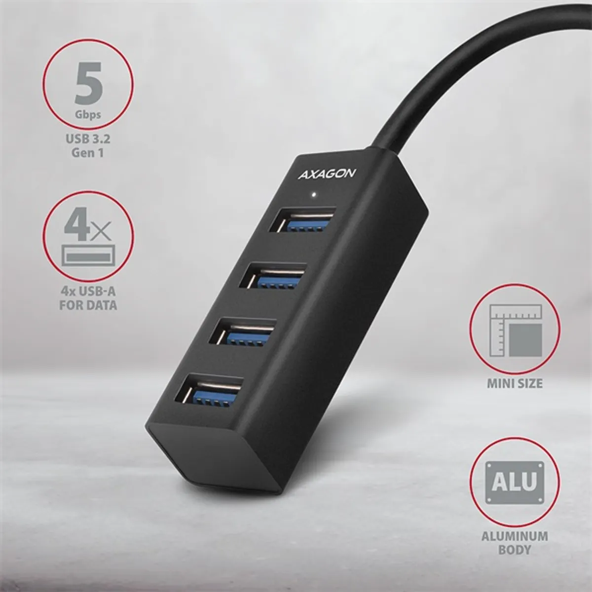 AXAGON HUE-M1AL 4-portos USB3.2 Gen 1 mini hub fém ház 120 cm kábel 4x USB-A #2