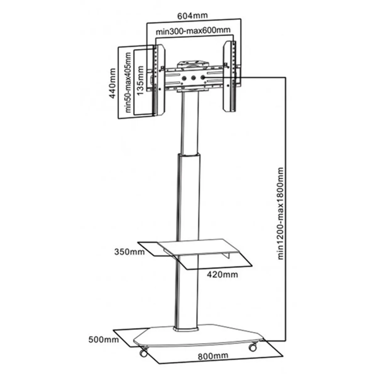 SBOX FS-500 görgős prezentációs állvány 37"-70" VESA 600x400; 40 kg; 1200-1800 mm; tilt 12°; kábelrendezés; DVD polc #2