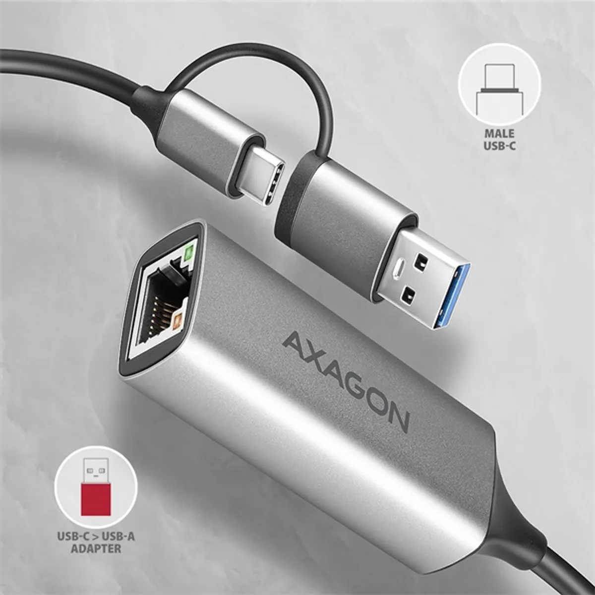 Axagon ADE-TXCA Type-A és Type-C USB 3.2 Gigabit Ethernet adapter 15 cm ezüst RJ45 USB 3.2 A USB 3.2 C #6