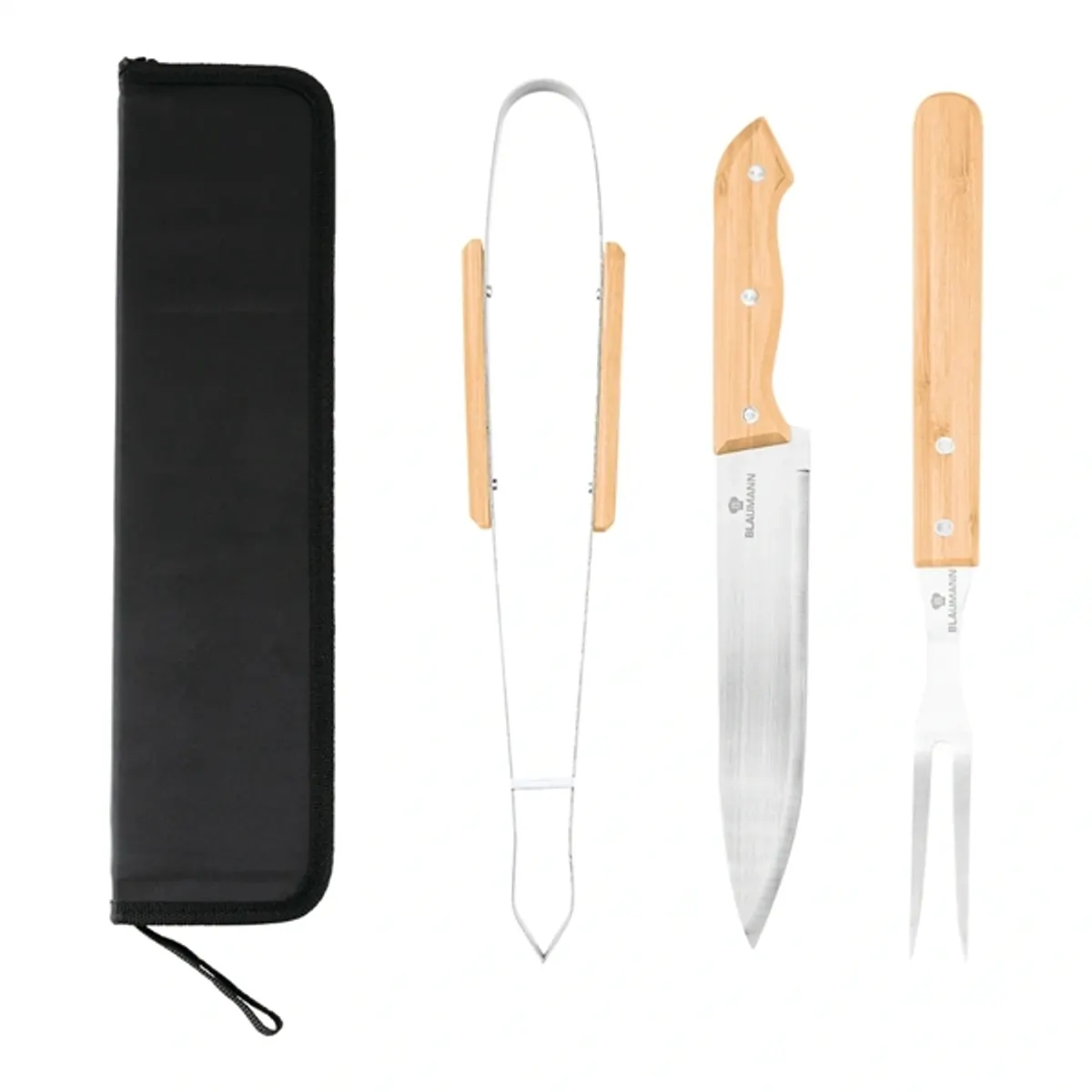 Blaumann BL-4118 grill eszköz készlet rozsdamentes acél bambusz nejlon villa 32,5 cm fogó 34 cm kés 33 cm tok 35,5-8,5-4 cm #1