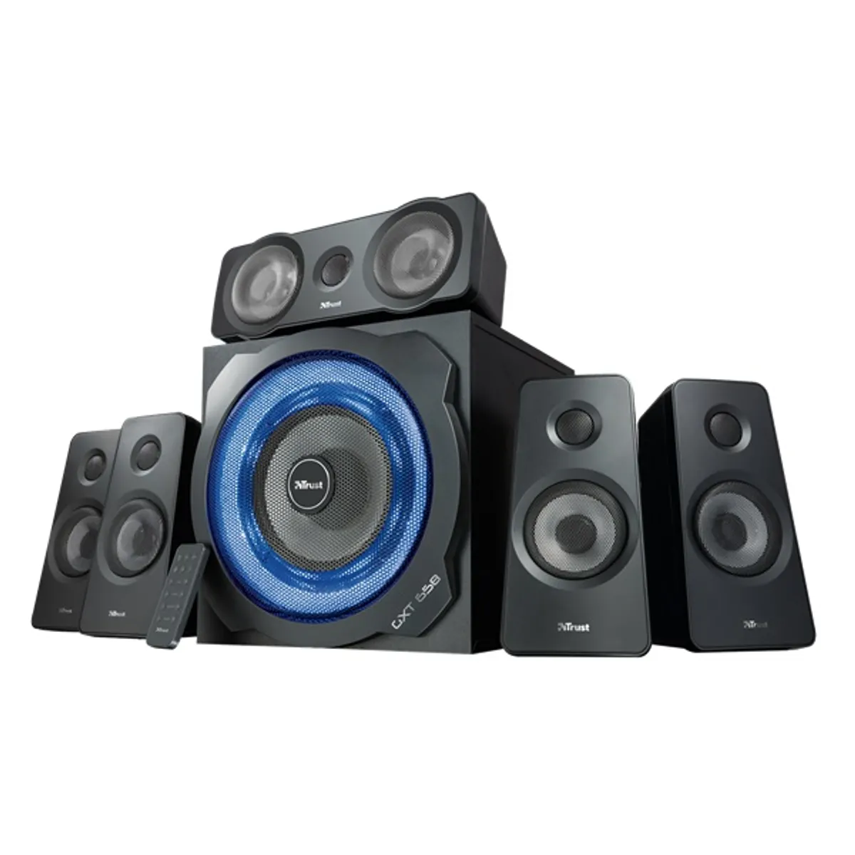 Trust 21738 GXT658 Tytan 5.1 Surround hangszórórendszer fekete, fa mélybasszus, 90 W RMS, 180 W csúcs, 3,5 mm bemenet, vezeték nélküli távirányító #1