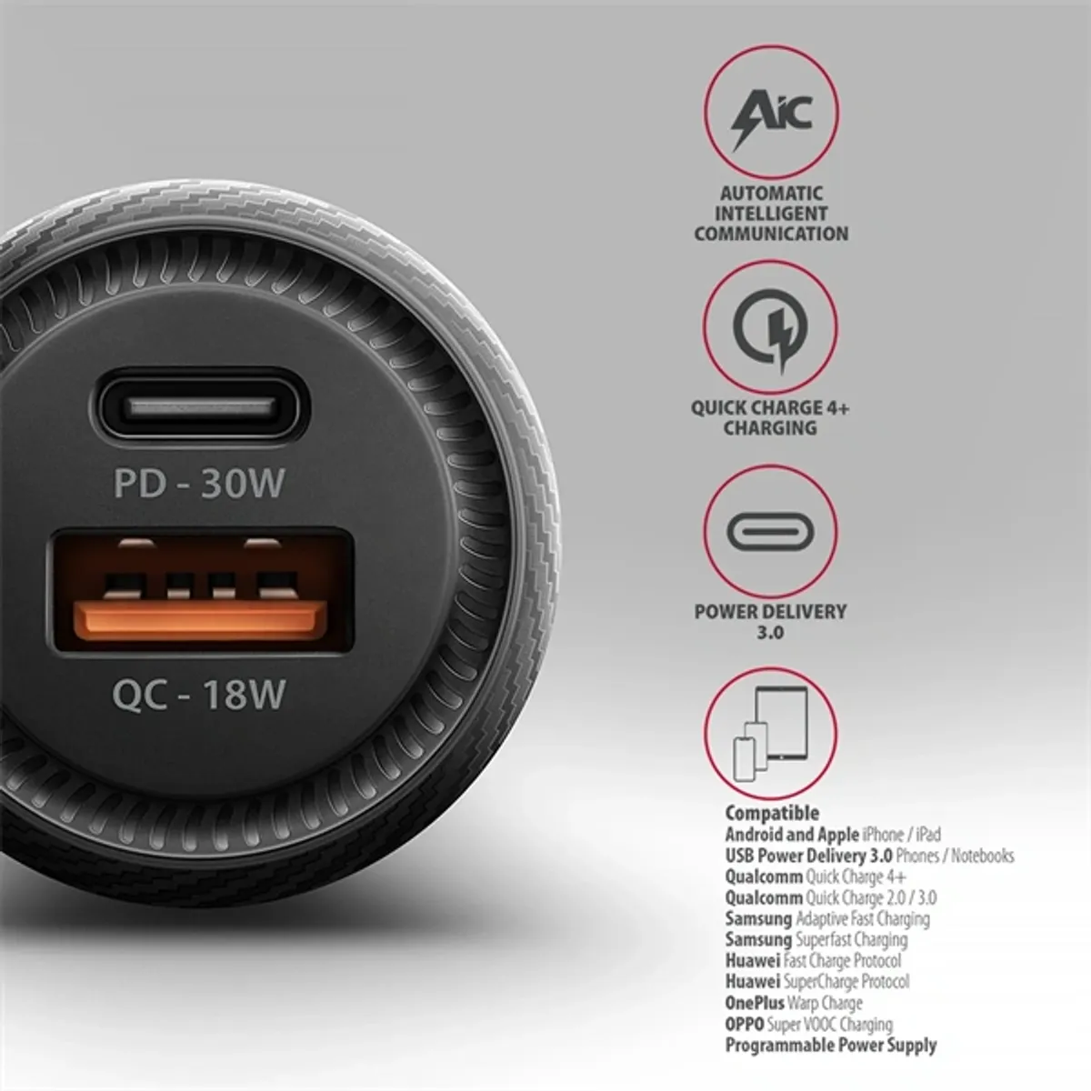 AXAGON PWC-PQ48 autós töltő 48W USB-C PD3.0 és USB-A QC3.0 18W, bemenet 12-24V, két kimenet #4