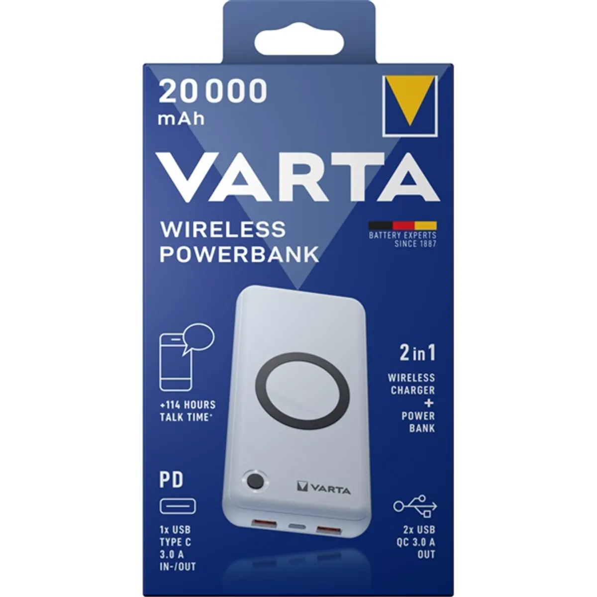 VARTA 57909101111 power bank 20000 mAh vezeték nélküli töltés 4 eszköz egyidejű 1 usb-c port 2 usb-a port led kijelző #2