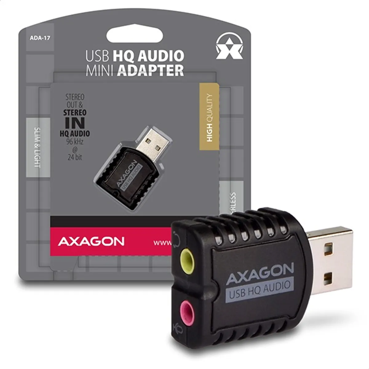 AXAGON ADA-17 USB HQ audió MINI adapter 2 csatornás analóg kimenet 3,5 mm jack mikrofon bemenet 3,5 mm USB 2.0 külső 44.1 48 96 kHz 16 24 bit #1