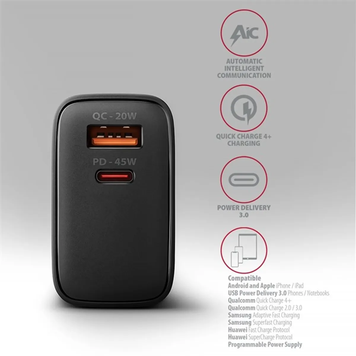 AXAGON ACU-PQ45 GaN PD3.0 QC4 45W 1x USB-A 1x USB-C #6