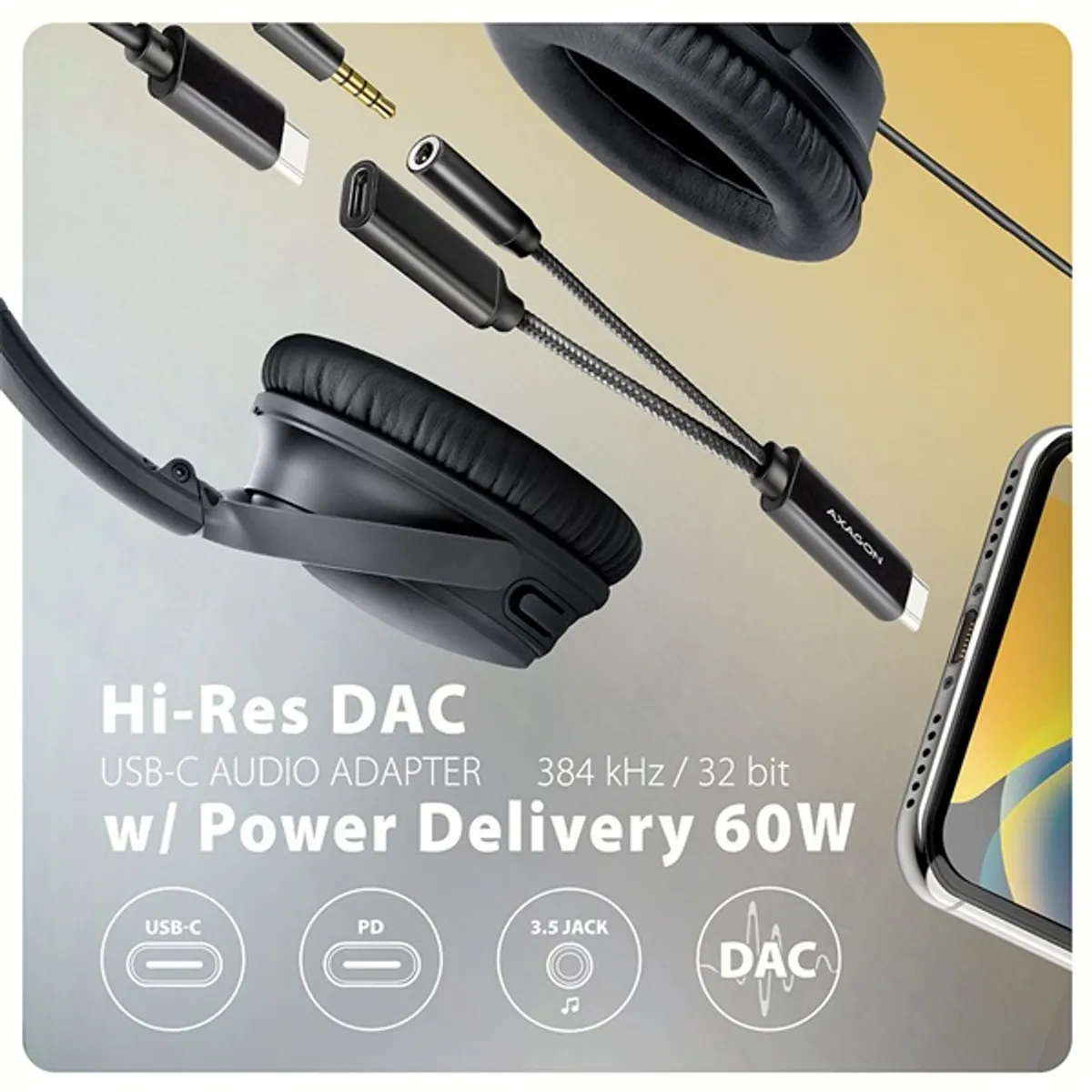 AXAGON ADA-HCPD USB-C hangkártya DAC adapter fekete 3,5 mm jack USB-C 60W PD Hi-Res 384 kHz 32 bit #2