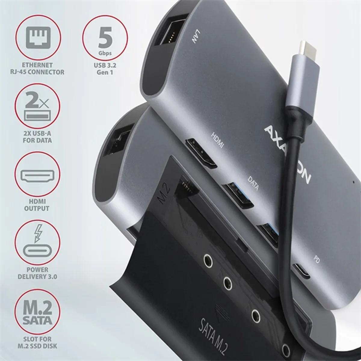 AXAGON HMC-6M2 6in1 dokkoló M.2 SATA USB-C PD60W HDMI 4K RJ45 #2