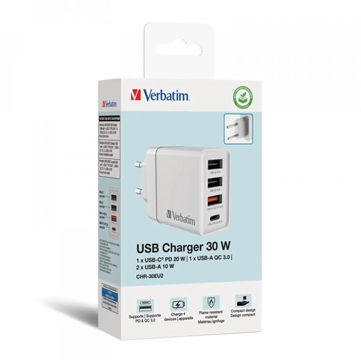 Verbatim 49701 30W 4-port USB fali töltő fehér 100-240V 1x USB-C PD 20W; 1x USB-A QC3.0 18W; 2x USB-A 10W #5