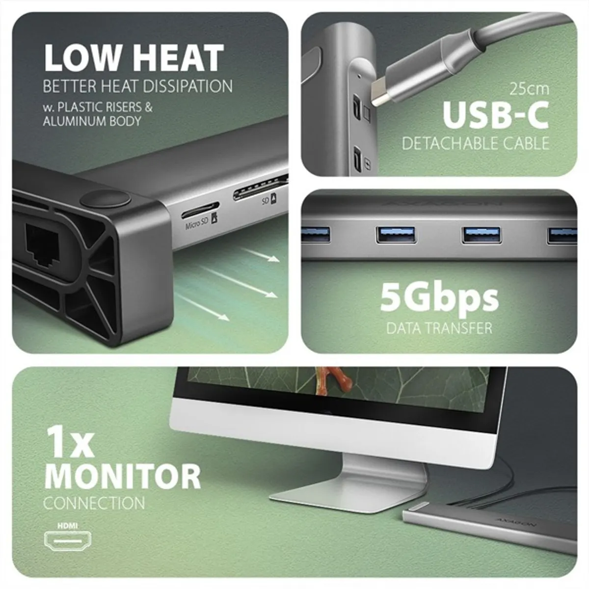 AXAGON HMC-10HLS LONGER 9in1 dokkoló USB-C HDMI LAN SD MicroSD 6 USB 25 cm #4