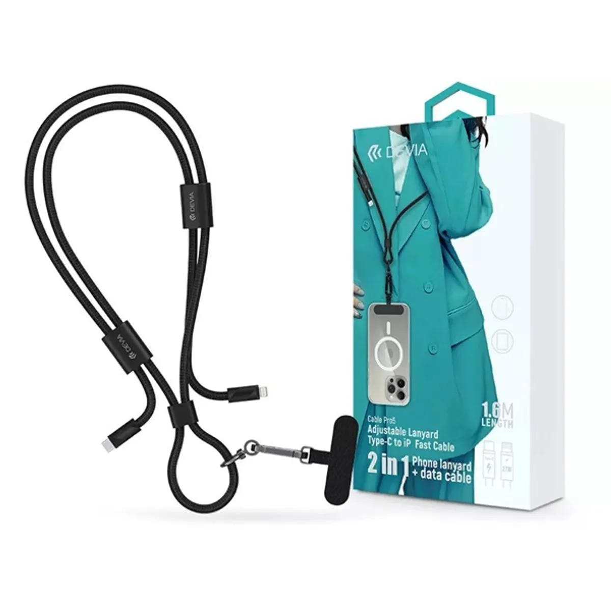 Devia ST124981 Cable Pro5 Woven 1,6 m fekete USB Type-C - Lightning adat- és töltőkábel nyakpánt #1