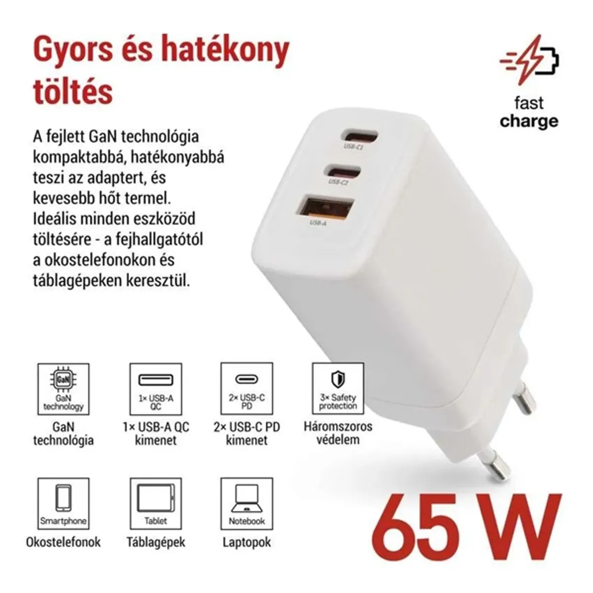 Emos V05G65 GaN PD 65 W 3 USB kimenet USB-A USB-C fehér 100-240 V #2