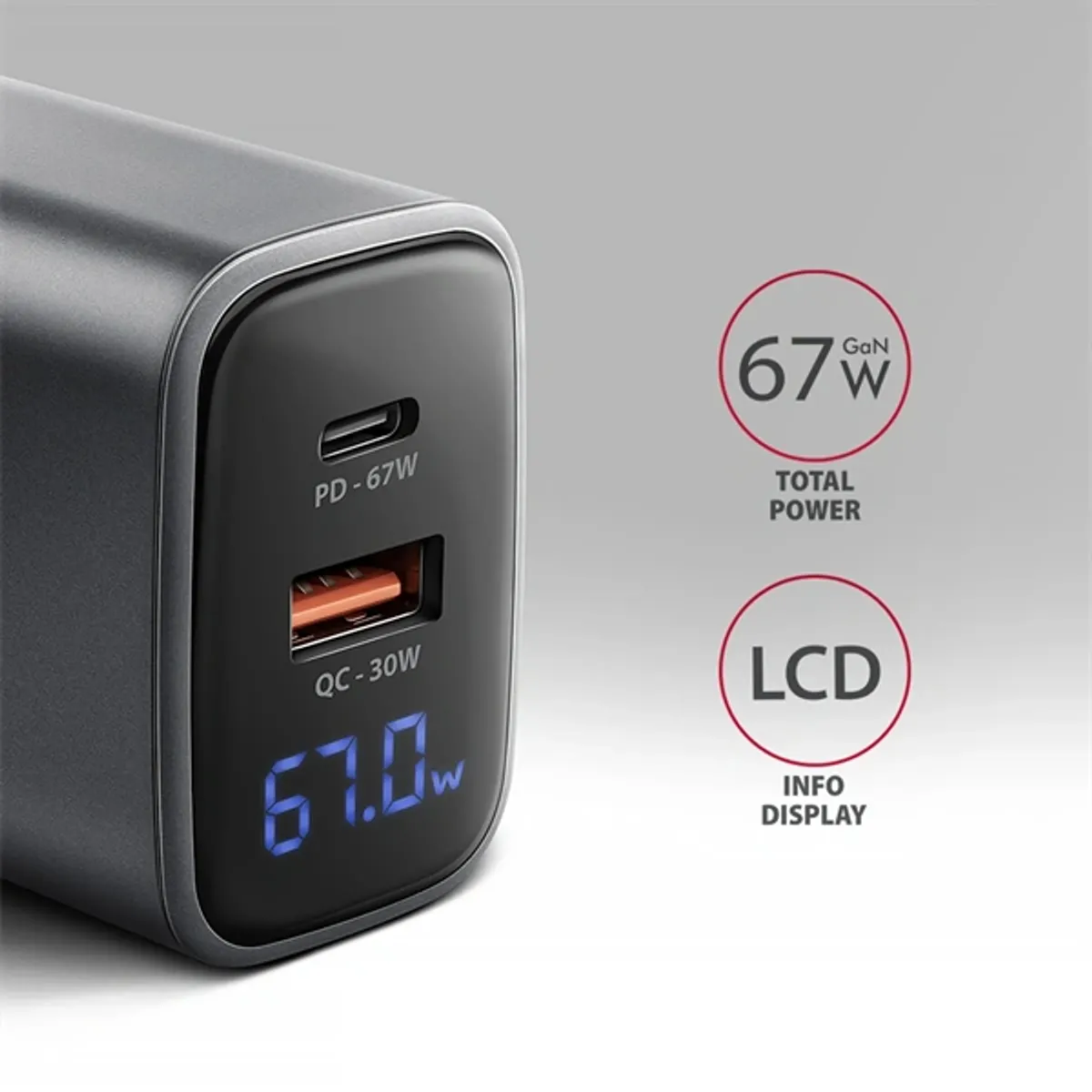 Axagon ACU-PQ67D GaN 67W töltő LCD kijelzővel 2 USB-C és 1 USB-A kimenet #2