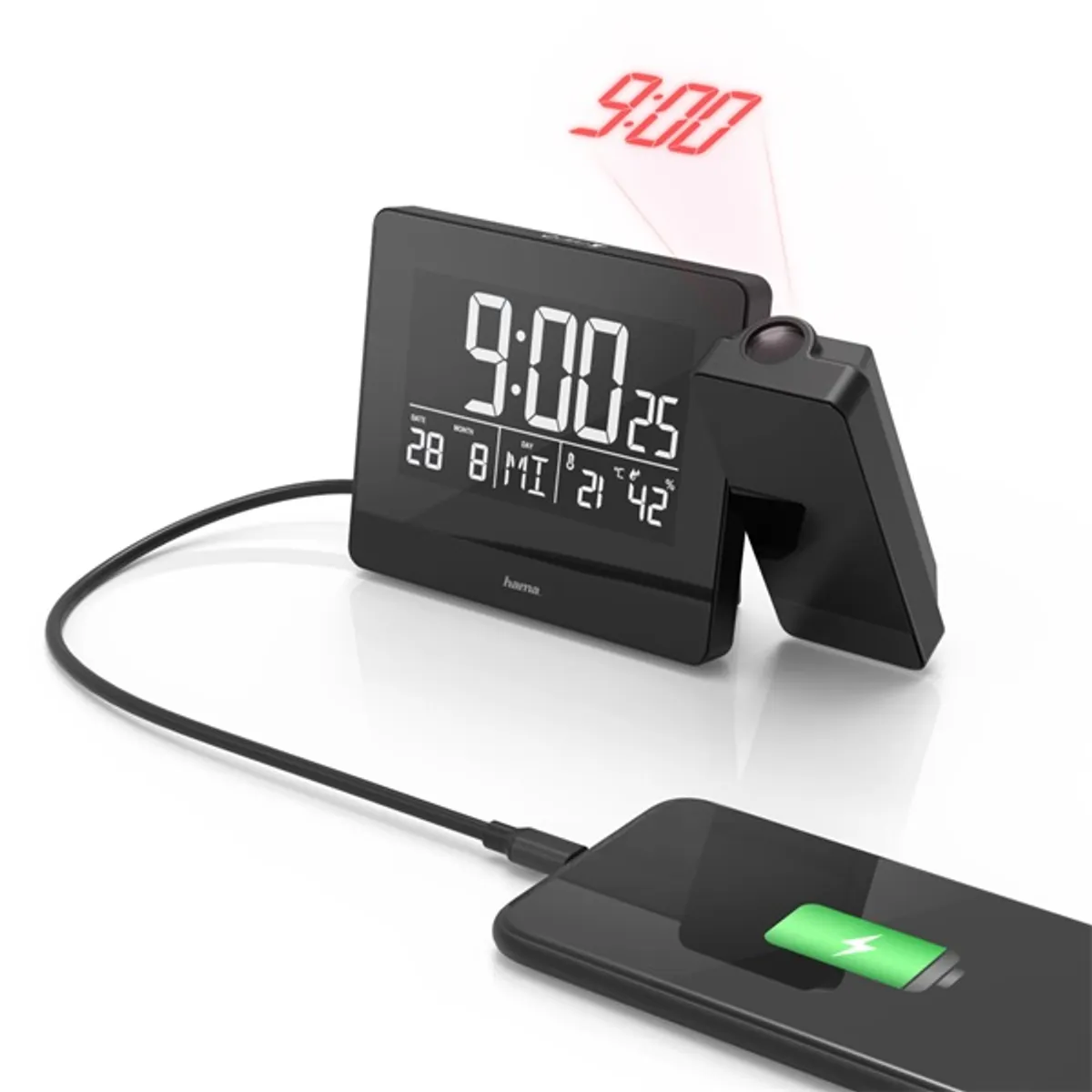 Hama 00186332 rádióvezérelt projektoros ébresztőóra digitális kijelző hőmérő nedvességmérő USB 2,4A #1