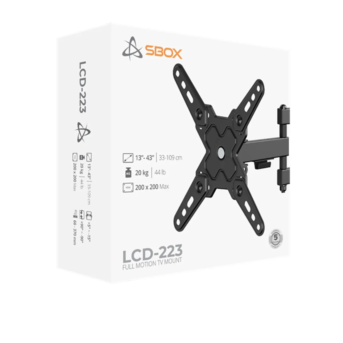 SBOX LCD-223-2 13"-43" dönthető, forgatható, VESA 75x75-200x200, max terhelhetőség 20 kg, fekete acél, kábelrendező #10