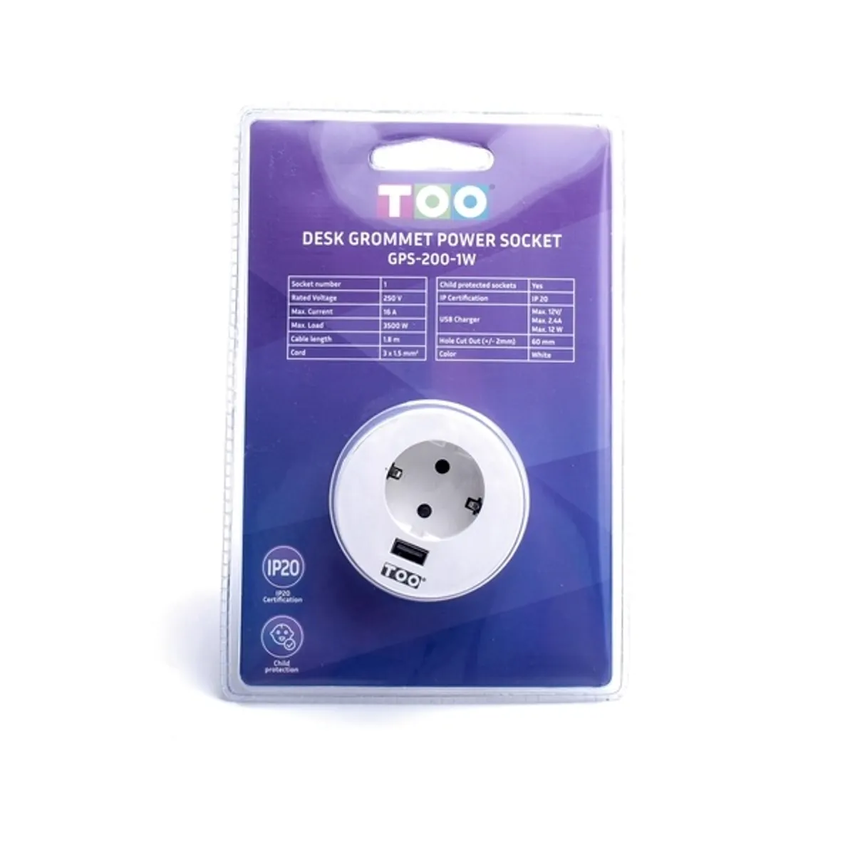 TOO GPS-200-1W süllyesztett elosztó fehér 1x SCHUKO USB-A 5V 2.4A 1,8 m IP20 #4