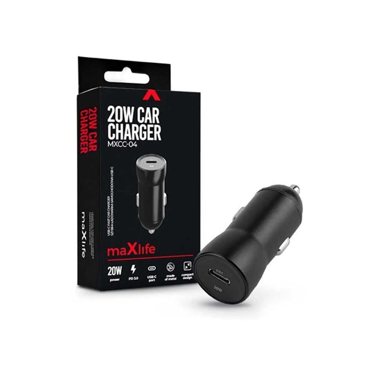MAXLIFE TF-0165 Type-C autós töltő 20W USB-C 12-24V bemenet Gyorstöltés Van PD3.0 QC4.0 műanyag fekete univerzális #1