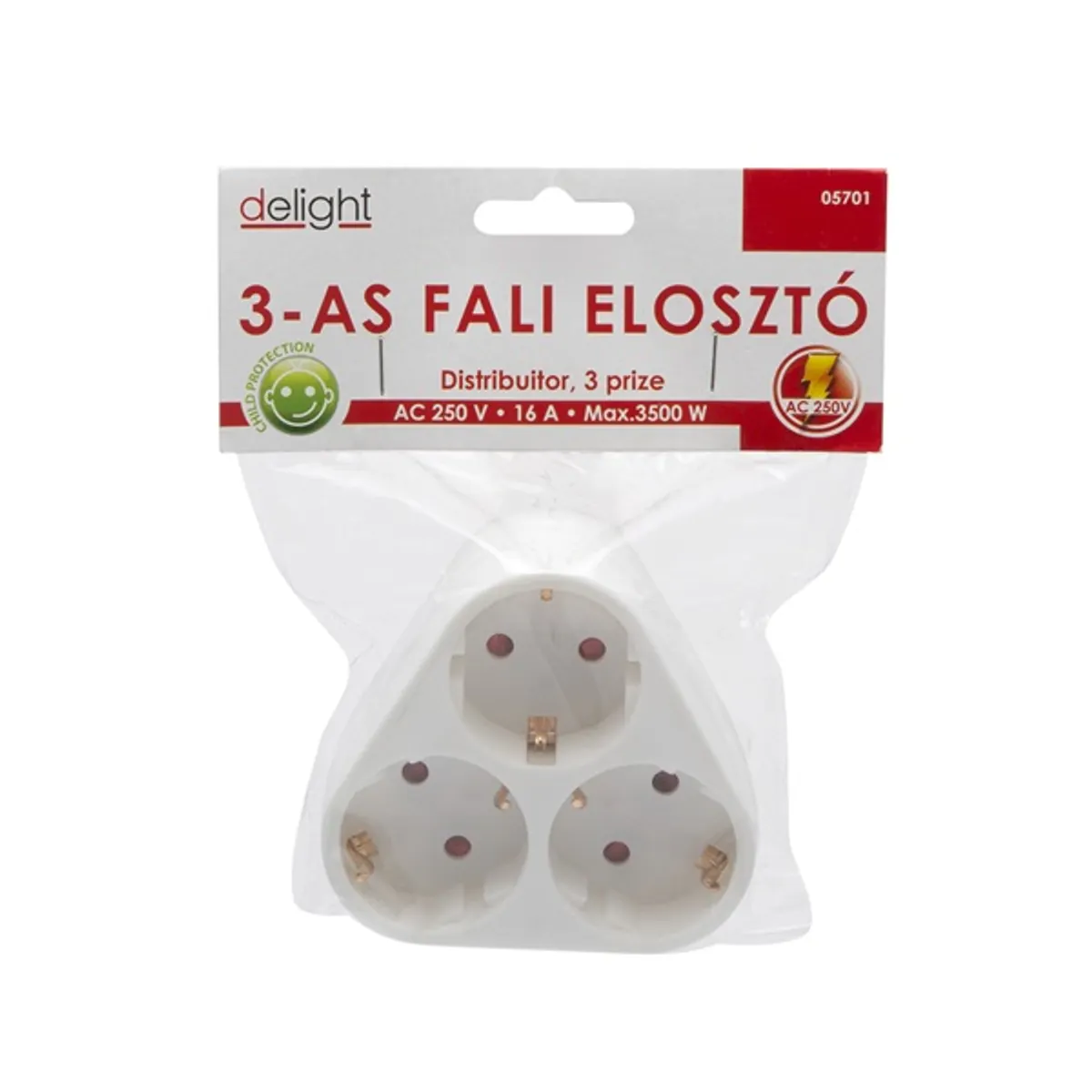 DELIGHT 05701 3-as fali elosztó fehér földelt gyerekvédelemmel ellátva SCHUKO 3 aljzat #4